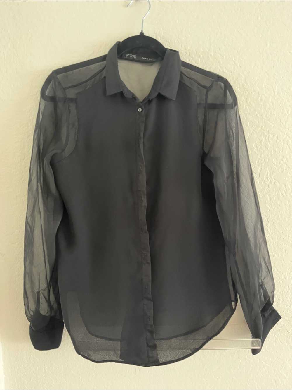 Zara Black Sheer Long-Sleeve Button-Up Blouse